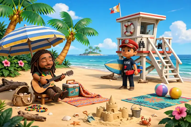 E2 beach with characters relaxing
