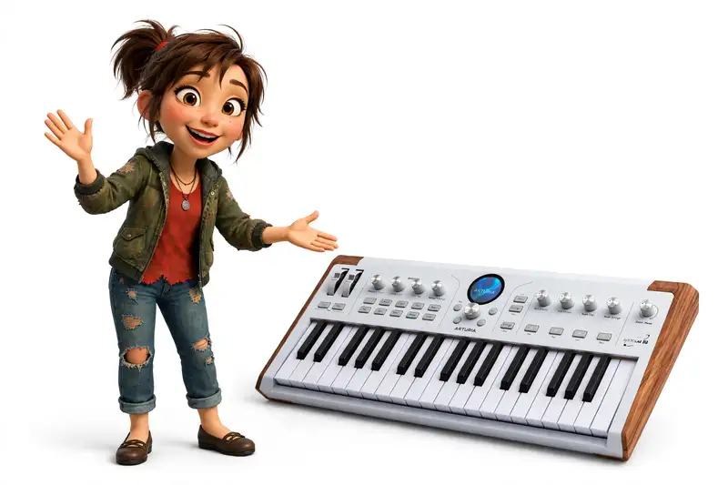 Sally waving hello next to her AstroLab 37 piano keyboard, ready to teach you