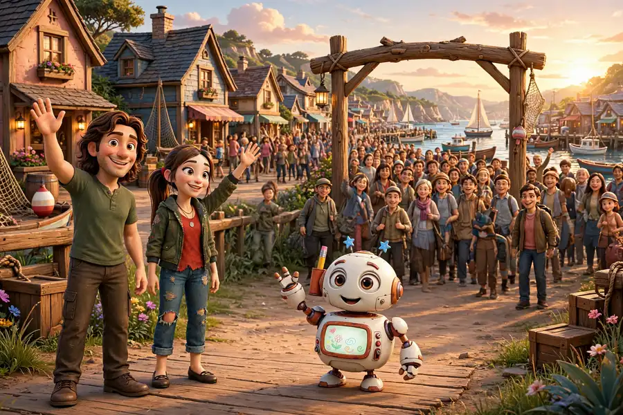 Mike, Sally, and Doodle welcoming the first visitors into the E2 harbor town at golden hour