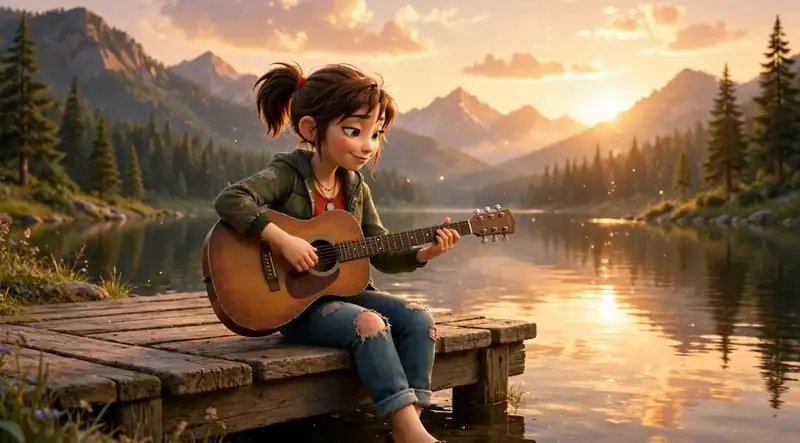Sally playing guitar on the dock at sunset