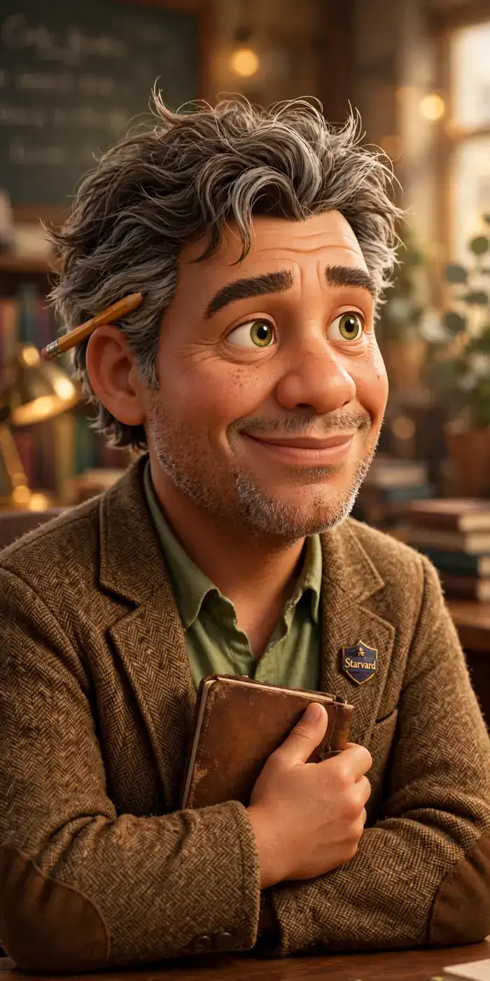 Finn, a warm Pixar-style professor in his late fifties with wild gray-streaked hair, a pencil behind his ear, tweed jacket, holding a worn notebook