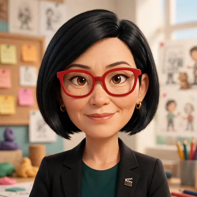 Imogen Park, a 45-year-old woman with a sleek bob and red glasses, decisive and warm