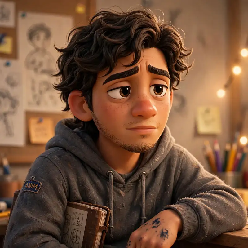 Nico Reyes, a 24-year-old animator in a worn hoodie with a sketchbook and ink on his fingers
