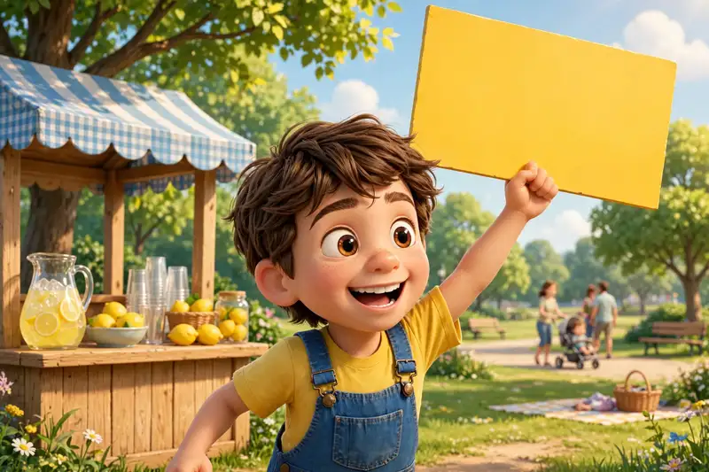 Leo waving a giant yellow sign in the park