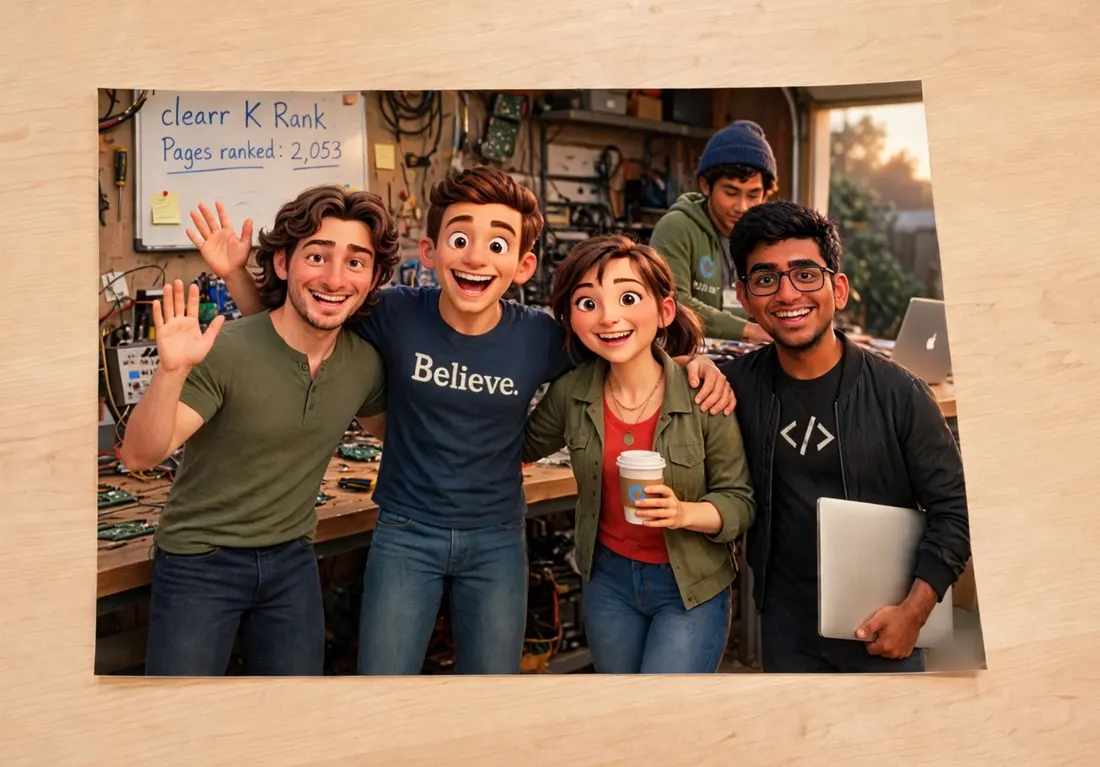 The Studio crew in the workshop: Mike, Chadwick, Sally and Dinesh, with the K Rank board behind them