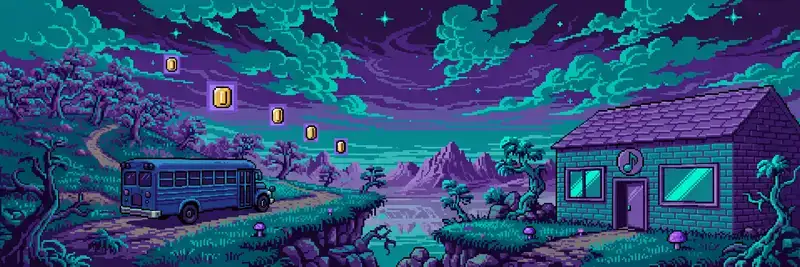 16-bit mirror world with a blue school bus