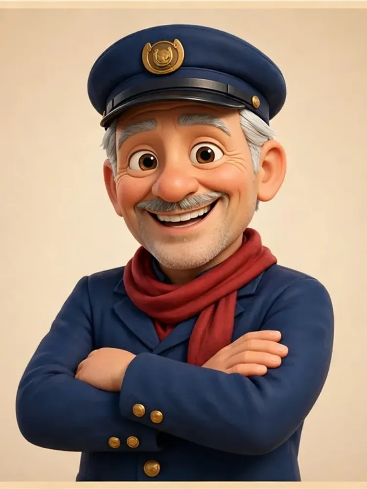 Eddie the engine conductor, smiling with arms crossed