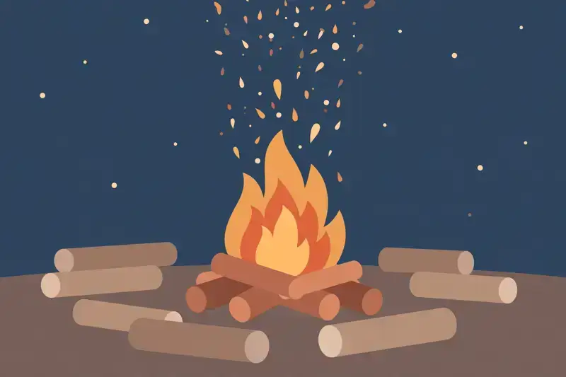 A flat illustration of a campfire with sparks under a night sky