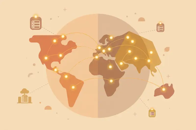 A globe with glowing data center nodes connected across continents