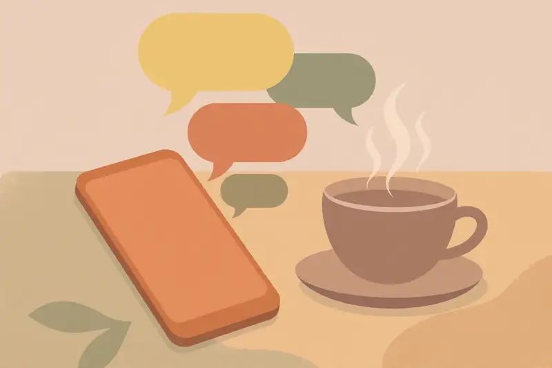 A smartphone with friendly chat messages on a table next to a coffee cup