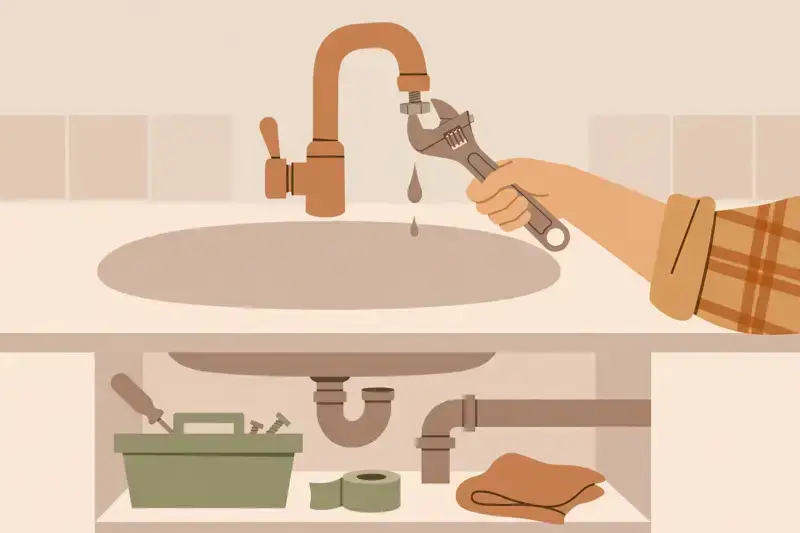 A dripping kitchen faucet being fixed with a wrench