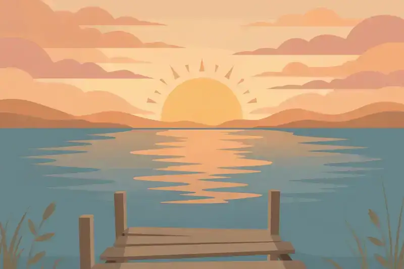 A flat illustration of a sunrise over calm water with a wooden dock