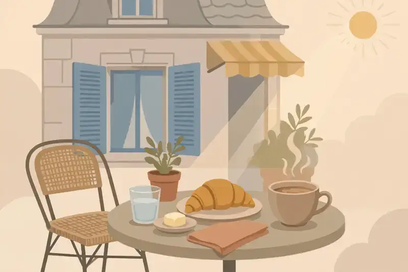 A parisian cafe table with a croissant and coffee cup
