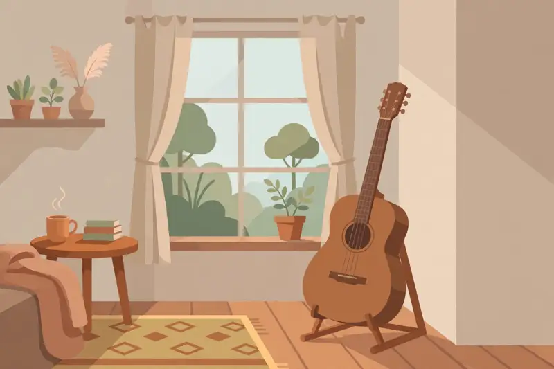 A guitar on a stand in a cozy corner, ready for daily practice
