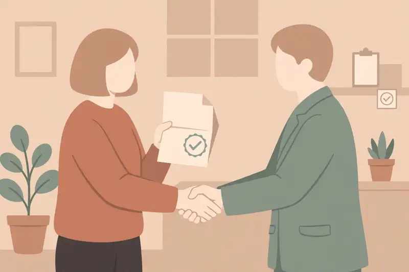 A candidate shaking hands with a hiring manager, holding an offer letter