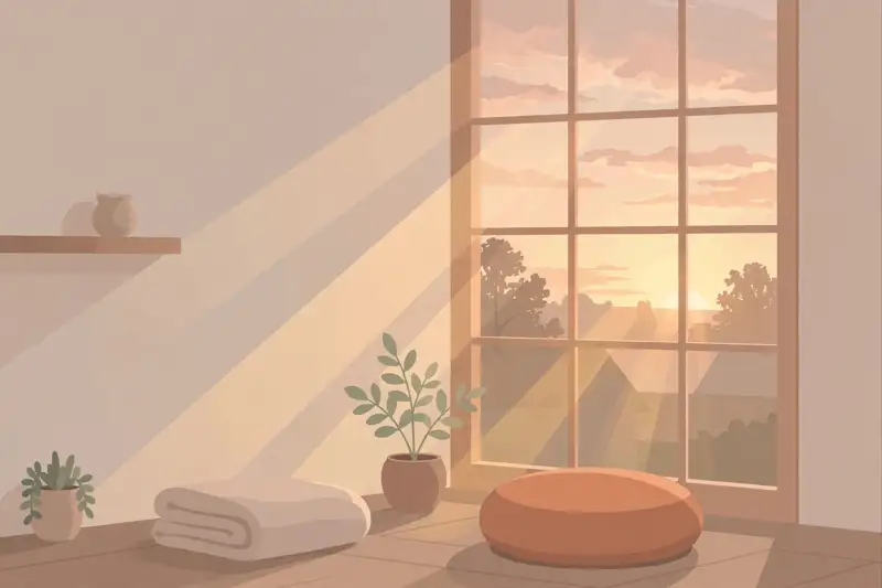 A quiet meditation corner with a cushion by a window at dawn