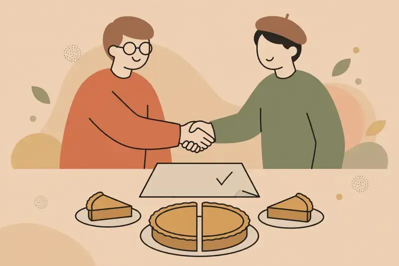 Two people shaking hands over a signed paper with a pie shared fairly