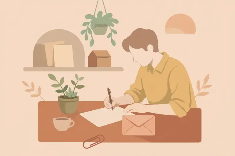 A person writing a friendly follow-up message at a desk, a plant growing nearby