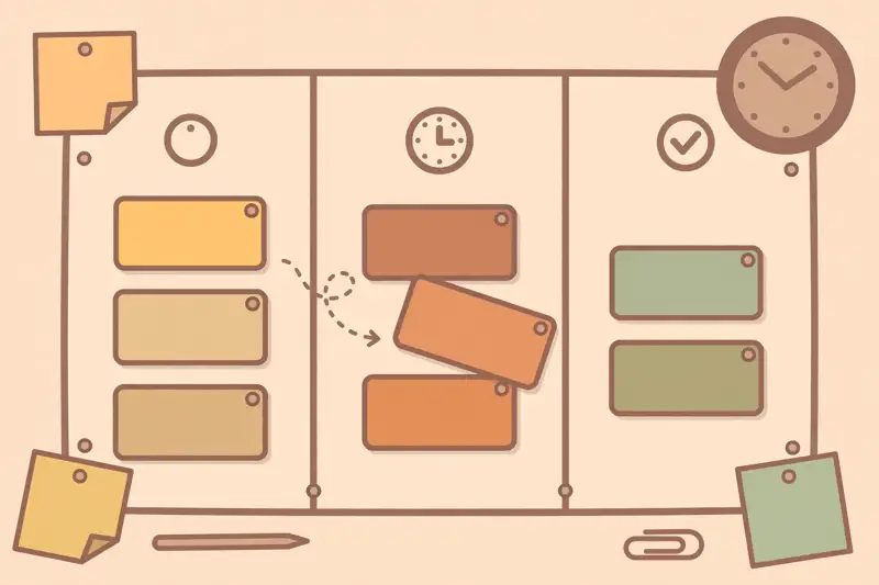 A kanban board with task cards moving through columns
