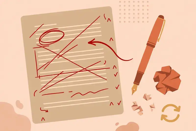 A screenplay page with editing marks and a pen, the rewriting process