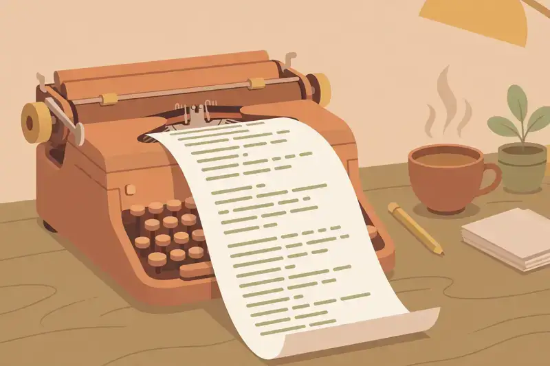 A typewriter printing a formatted movie script page on a warm desk