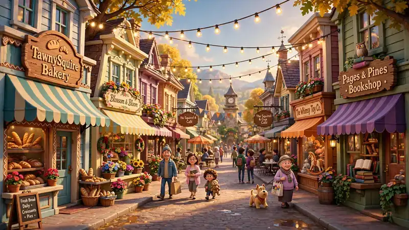 Main Street in TawnySquire: colorful shops with awnings, string lights, townspeople strolling