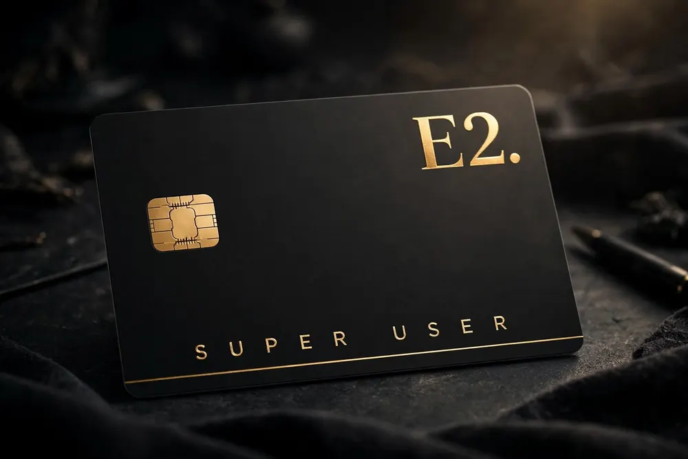 E2 Super User membership card, black with gold foil wordmark